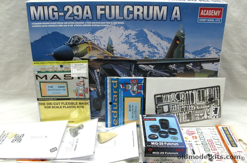 Academy 1/48 Mig-29A Fulcrum A + Eduard PE and Mask + QuickBoost Seat/Pitot/Nose + Aires Exhaust + Authentic Decals - Luftwaffe or USSR, 2116 plastic model kit